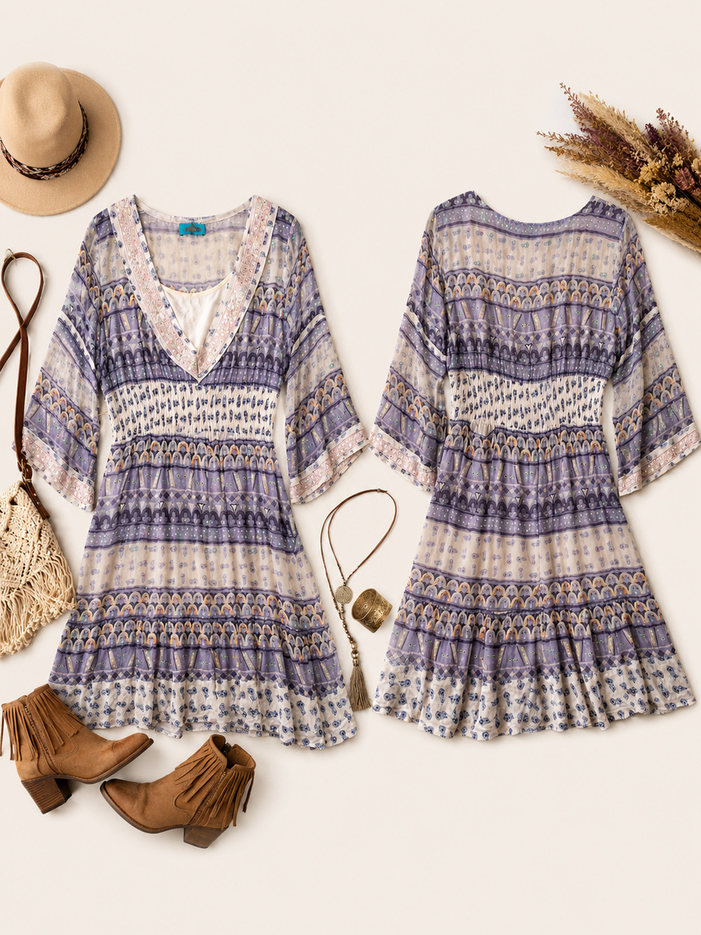 Boho Printed Dress w/ Sequin Detail